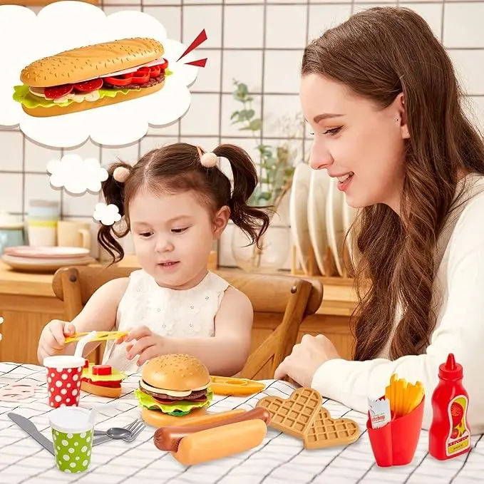 Pretend Play Food Sets for Children Kitchen, Plastic Take Apart Toys Hamburger Fast Food Playset Kids Kitchen Accessories Role Play Toys for 3 4 5 Years Old Kids Boys Girls 3