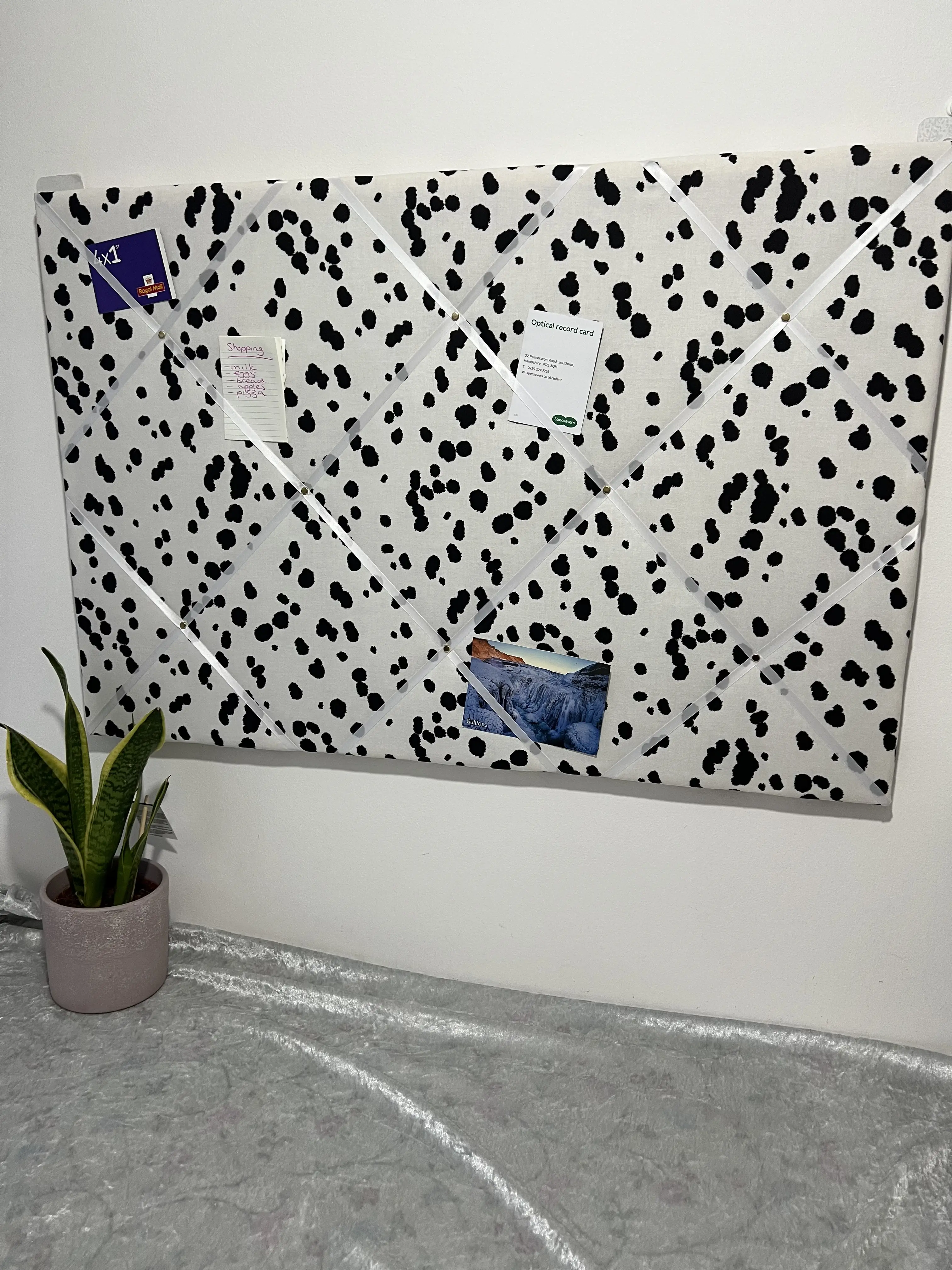 Dalmatian Spots Fabric Notice Board - French Memo Ribbon Cork Bulletin Board - Lightly Padded Handmade Display for Photos, Notes & Reminders - Custom Sizes & Ribbon Colours - Home Office Decor & Unique Gift