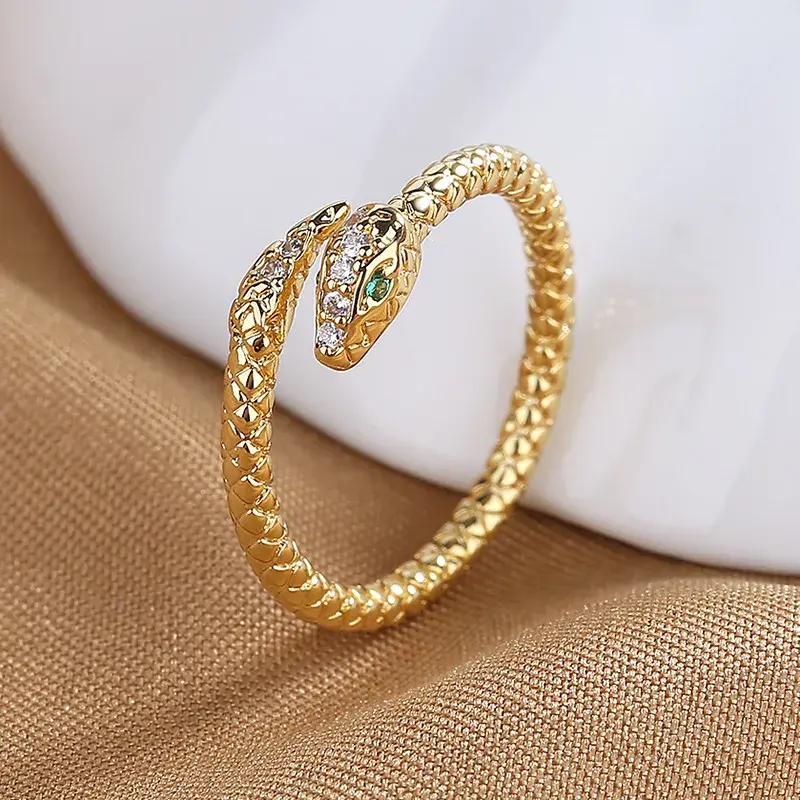 Stainless Steel Snake Rings for Women and Men - Gold Color Open Adjustable Zircon Ring