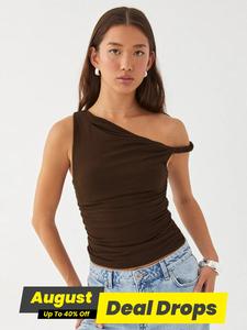 Women's Plain Ruched Asymmetrical Neck Tank Top, Fashion Basic Casual Fitted Minimalist Classy Sleeveless Short Top Clothing for Summer, Elegant Classy Ladies Fabric Clothes for Daily Wear, Women's Slim Tops, Womenswear