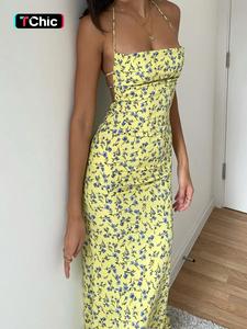 Women's Ditsy Floral Print Backless Split Thigh Cami Dress, Summer Outfits 2024, Casual Tie Back Halter Neck Long Dress for Summer, Fashion Women's Dress for Beach Holiday