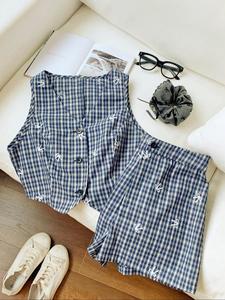 Women's Plaid Bow Print Button Front Vest Top & Shorts Set Withour Shoes, Cute Two-piece Set, Casual Summer Clothes Set for Ladies Outdoor Holiday Vacation
