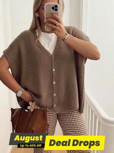 Women's Plain Button Front Sweater Cardigan, Loose Casual V Neck Knit Cardigan for Daily Wear, Ladies Knitwear for All Seasons, Womenswear, Clothes, Baggy Tops, Everyday