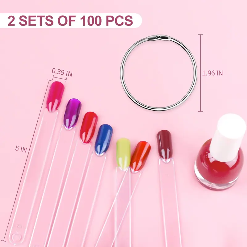 100 PCS Nail Swatch Sticks with labels, Clear Nail Display with Ring Holder, Nail Polish Practices Sticks, Nail Art Display for Nail Art Polish 3