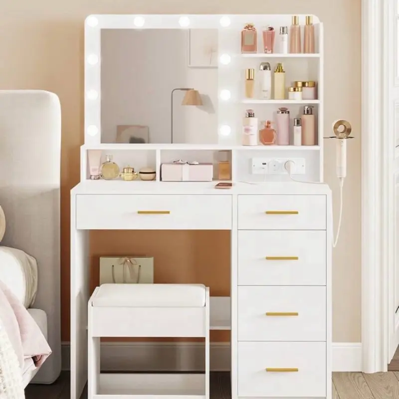 Hzuaneri Dressing Table with 3-Colour LED, Vanity Table with Plug and Large Mirror, Stool and Hairdryer Holder, Multi-Drawer Dressing Table, 6 Open Storage Areas, White 6