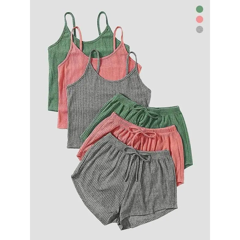 Six-piece Set Women's Cami Top & Tie Front Shorts Set, Summer Clothes, Co Ord Lounge Set Summer, Casual Camisole & Breathable Comfy Shorts, Summer Outfits Clothes Set for Ladies Outdoor Holiday, Matching Sets