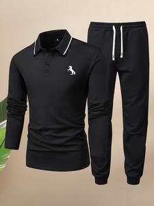 Two-piece Set Men's Horse Print Sweatpants Set, Regular Fit Contrast Binding Short Sleeve Polo Shirt & Drawstring Waist Pocket Jogger Pants, Men's Two-piece Outfits