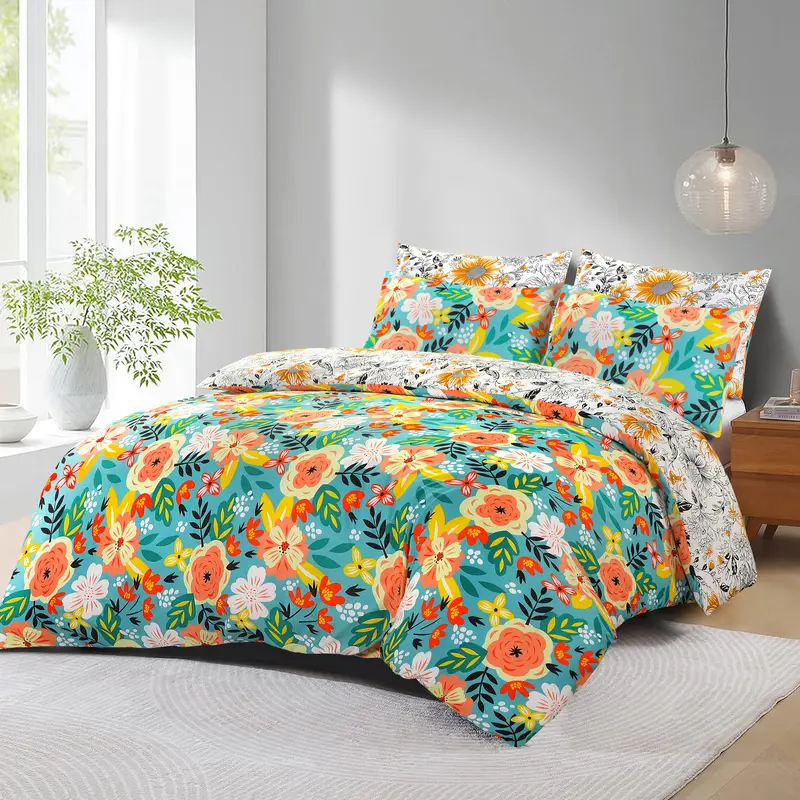 Reversible Printed duvet cover with 2 pillowcases 100% Soft Microfibre Floral design bedding sets in Single, Double, King bedding  duvet  sets 2