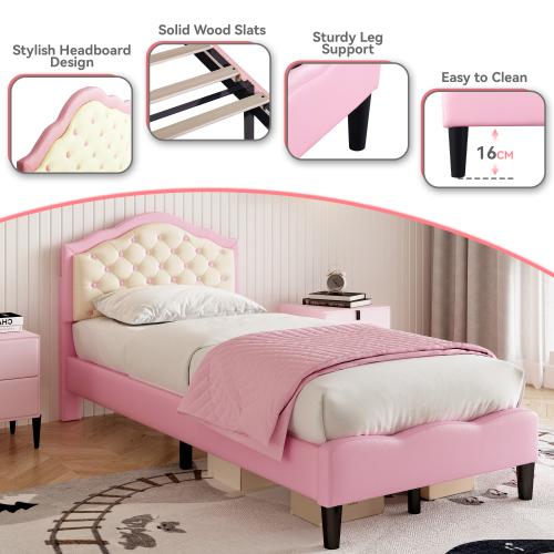3ft/4ft6 Double Upholstered Bed Frame with Adjustable Chic Button-Tufted Headboard, PU Faux Leather Bed Frame with Solid Wood Slat, No Box Spring Needed, Easy Assembly, Pink+Beige (No Mattress) 4