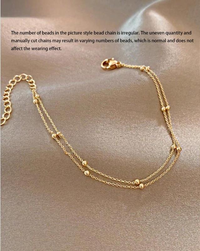 1pc Gold-Color Double-Layered Good Luck Beaded Anklet For Women, Fashionable, Luxurious And Versatile, Suitable For Wearing On The Beach, Daily Life And Other Occasions 2