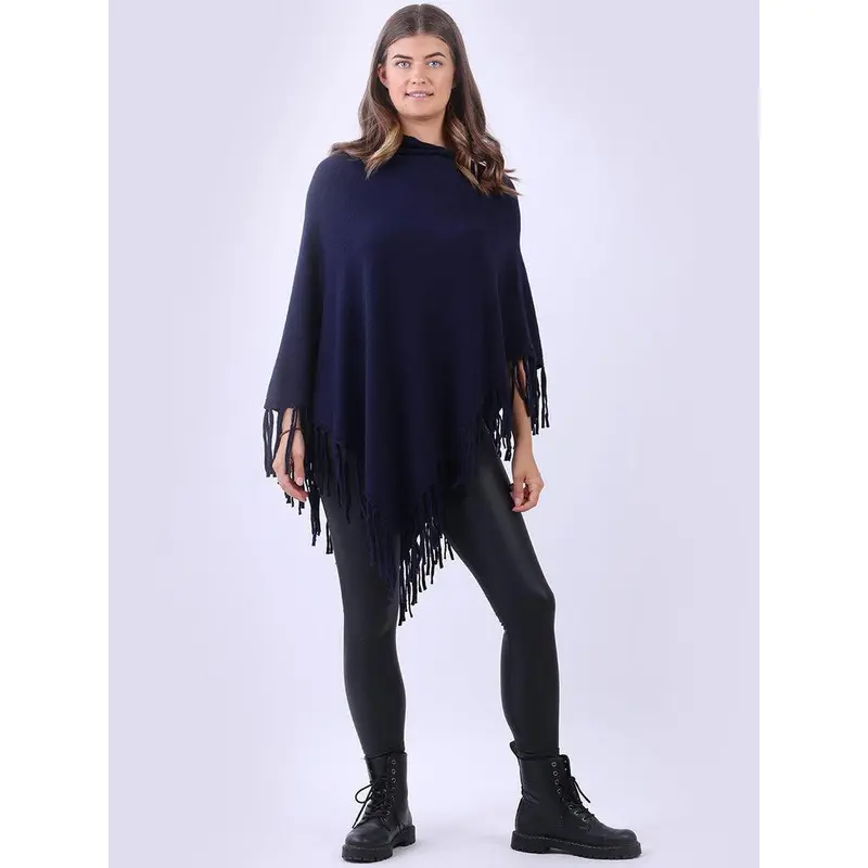Cozy Cowl Neck Ladies Knitted Fringe Poncho 3