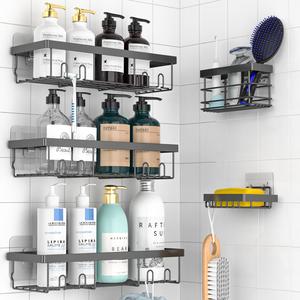 Shower Caddy Shelf Organizer Rack, 5pcs/set Self Adhesive Bathroom Shelves Basket, Metal Bathroom Accessories Corner Organizer Storage Rack Set, Home & Kitchen Decor, No Drilling #TOP PICKS