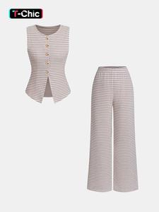 2 Piece Light Pink Striped Crew Neck Sleeveless Button Front Vest + Elastic Waist Wide Leg Pants Sweet Set