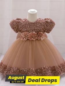Toddler Girl's Glitter Sequins Flower Decor Formal Dress, Elegant Round Neck Tulle Bow Dress for Party Wedding Guest, Kids Clothes for All Seasons, Tulle Overlay Dress, Sparkly Dress, Children Summer Cute Dresses, Floral Dress