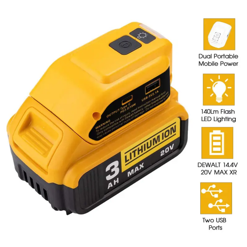 Dual USB Power Source Li-ion Battery Charger Adapter for DEWALT 14.4V 20V MAX XR