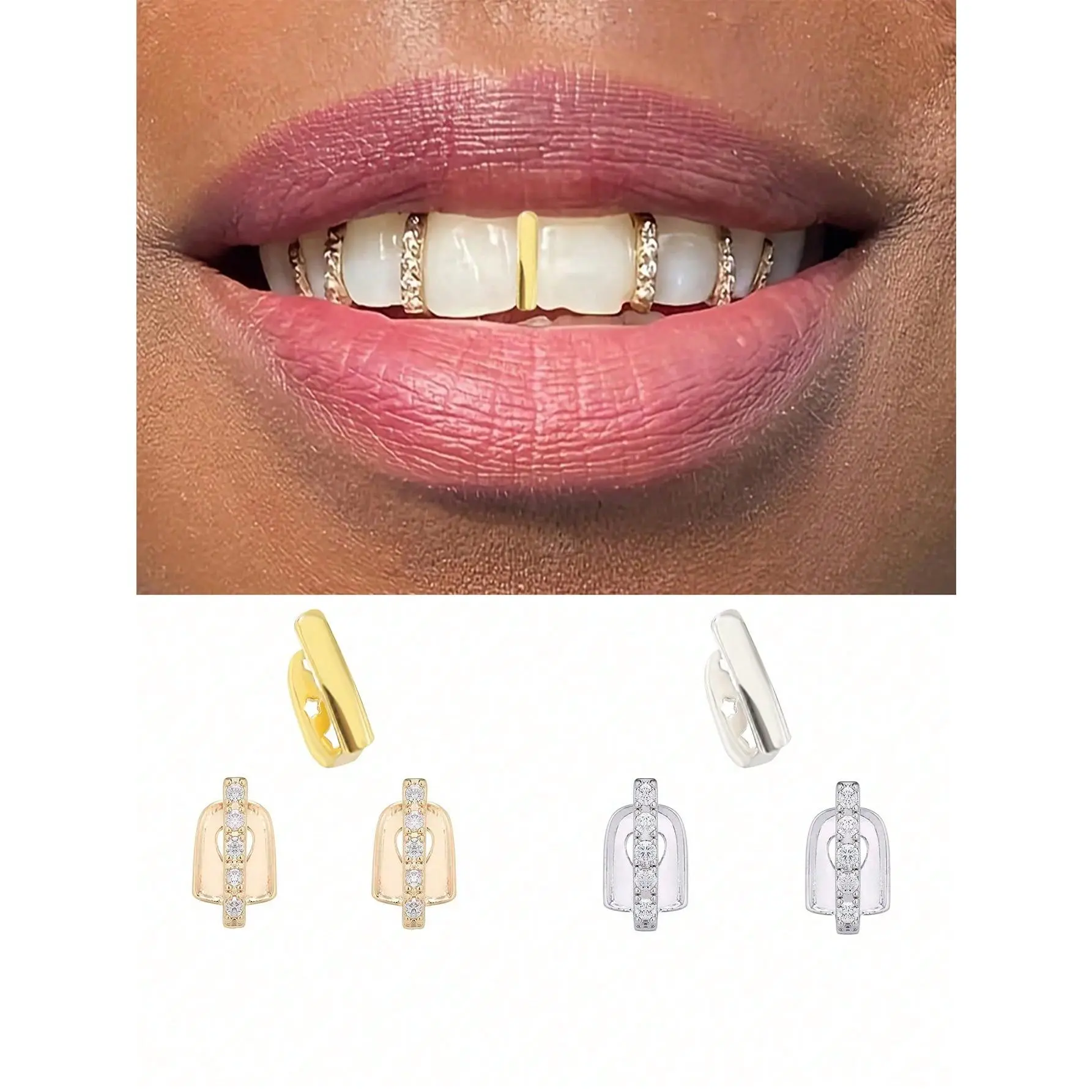 1 Set Single Row Icy Gold & Silver Cubic Zirconia Stud Grill, Adjustable Unisex Hiphop Nightclub Punk Style