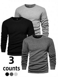 Men's Solid Long Sleeve Tee, Casual Comfy Round Neck T-shirt for Fall & Winter, Men's Top for Daily Wear, Menswear