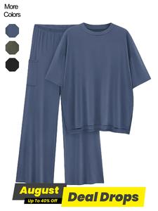 Women's Solid Drop Shoulder Basic Tee & Elastic Waist Pants Two-piece Set, Loose Fit Casual Fashion Cozy Breathable Half Sleeve Top & Trousers for Daily Outdoor Wear, Ladies Clothes for All Seasons, Womenswear, Fall outfit