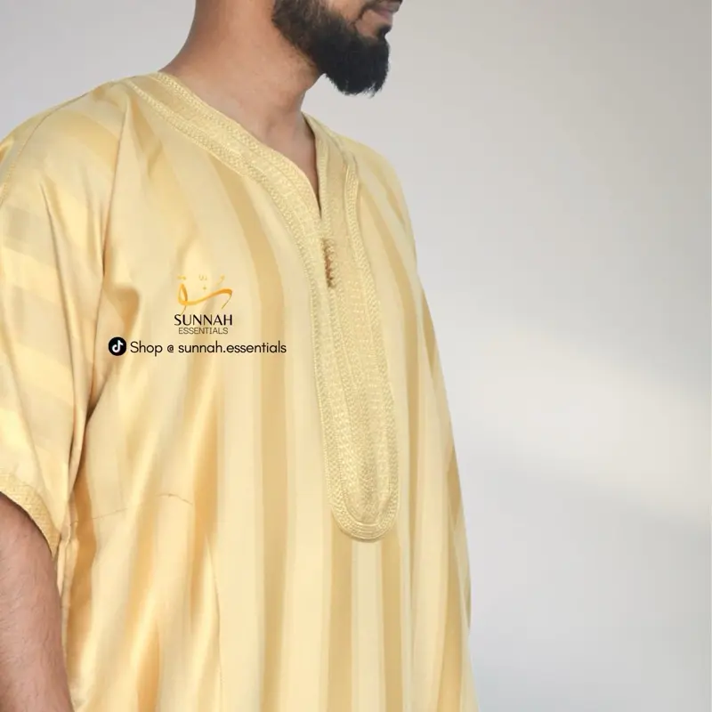 Moroccan Thobes Striped in Butter Yellow, Green & Navy Blue - Islamic Clothing 6
