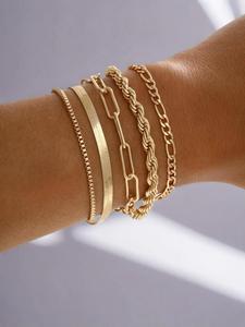 Trendy Alloy Twist Herringbone Chain Stack Bracelet for Party, 5pcs Simple Matching Jewelry As Birthday Gift, Female Classic Fashion Accessories for Daily Wear, Streetwear Bracelet Bundles, High Quality Stackable Bracelets for Wife, Casual Accessories