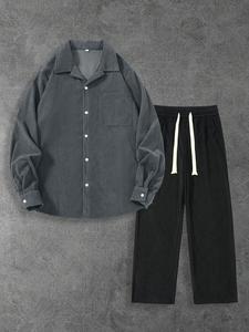 Men's Solid Corduroy Shirt & Pants Set, Loose Casual Long Sleeve Button Up Top & Trousers, Men's Spring & Fall Clothes