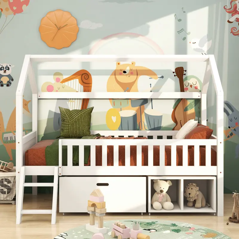 Household bed, children's bed, teen bed, 90*190cm, with drawers, with storage compartments, suitable for boys and girls, with anti-fall railings, white 1