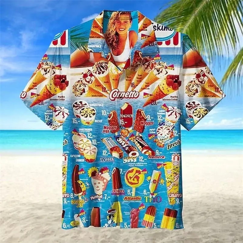2025 Trendy Cool Fashion Ice Cream Shirts Beach Party 3d Print Hawaiian Shirt unisex Short Sleeve Oversized Blouse Lapel Shirts 4