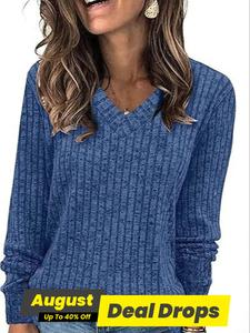 Women's Plain V Neck T-shirt, Fitted Casual Long Sleeve Jumper for Fall & Winter, Fashion Ladies' Knit Clothing for Daily Wear