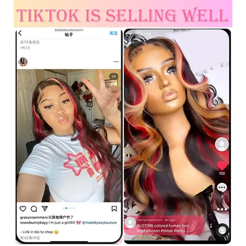Highlight 5x5 Glueless Wigs Human Hair Pre Plucked Pre Cut Black Hair With Red blonde highlight Body Wave Wigs Human Hair 200% 4
