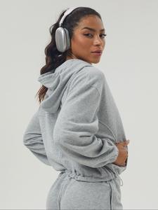 Women's Solid Zip Up Drawstring Drop Shoulder Sporty Crop Hoodie, Casual Long Sleeve Kangaroo Pocket Hooded Sweatshirt for Fall & Winter, Women's Sportswear for Indoor Outdoor Wear