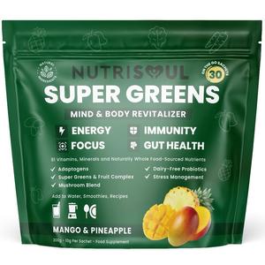 Super Greens Powder | 30 Pack | 91 Nutrients including Vitamins A, B12, C, KSM-66 Ashwagandha, Lions Mane, Maca & Macha | Vegan & Gluten Free Healthcare Fitness Supplement | Mango & Pineapple Flavour | Natural Ingredients