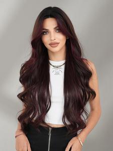 30 Inch Long Burgundy Wavy Wigs for Women, Gorgeous Fluffy Wigs without Bangs, Synthetic Lace Front Wigs for Party, Daily Use