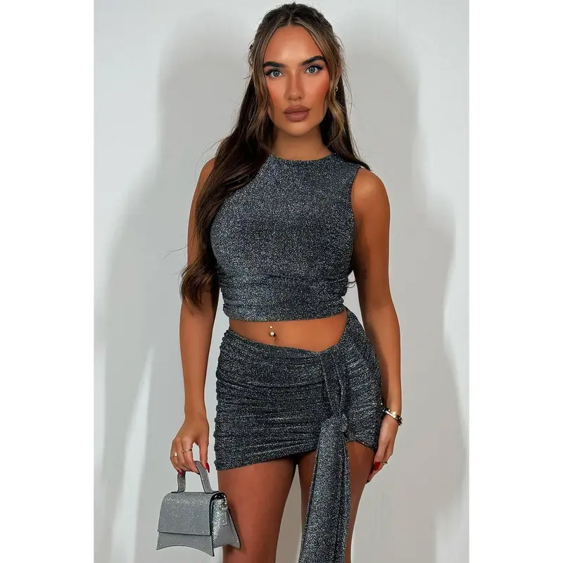 Lurex Skirt And Top Co Ord Set With Drape Detail Black 4
