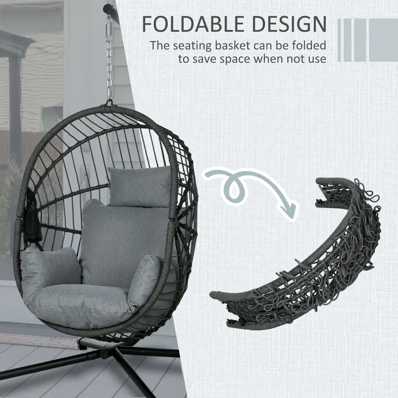 Outsunny Metal Stand Hanging Egg Chair, with Full Body Padded Seat - Grey 4