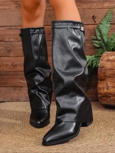 Women's Leather Foldover Shark Classic Buckle High Top Boots, Fashionable Design for Trendy Women, Durable Comfortable Shoes