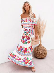 Women's Floral Print Ruched Ruffle Belted A Line Dress, Boho Off Shoulder Short Sleeve Maxi Dresses Summer for Beach Holiday, Dresses for Women, Ladies Summer Clothes, Bohemian Womenswear