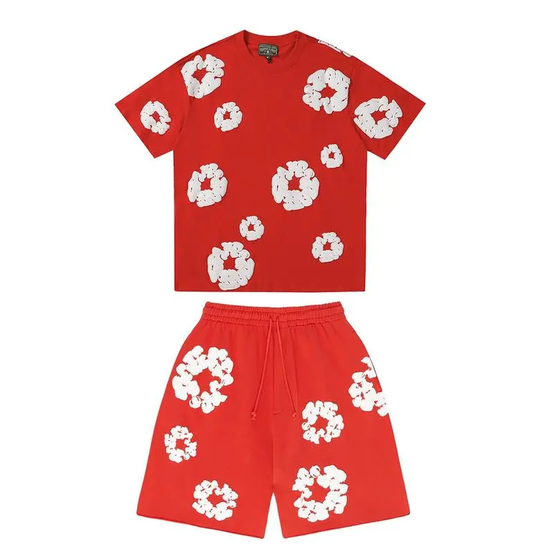 New Men's Women's Same Foam Printing Casual LooseCotton Short-sleeved T-shirt with Shorts Set Clothes Menswear 8
