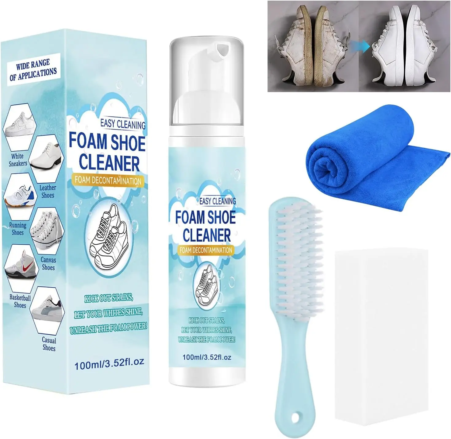 White Trainer Cleaner, Trainer Cleaning Kit, Shoe Cleaner with Brush, Towel and Sponge, White Shoe Cleaner for White Shoes, Leather, Knit, Boots, Canvas, Suede Cleaner