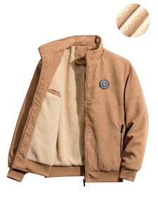 Men's Solid Ribbed Patched Pocket Zipper Funnel Neck Thermal Lined Jacket, Loose Casual Long Sleeve Outerwear for Winter, Men's Clothes for Daily Wear