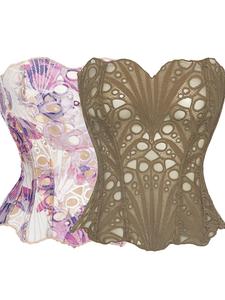 Women's Random Pattern Lace Up Shapewear Tube Top, Elegant Contrast Lace Corset Top, Tummy Control Shapewear for Women