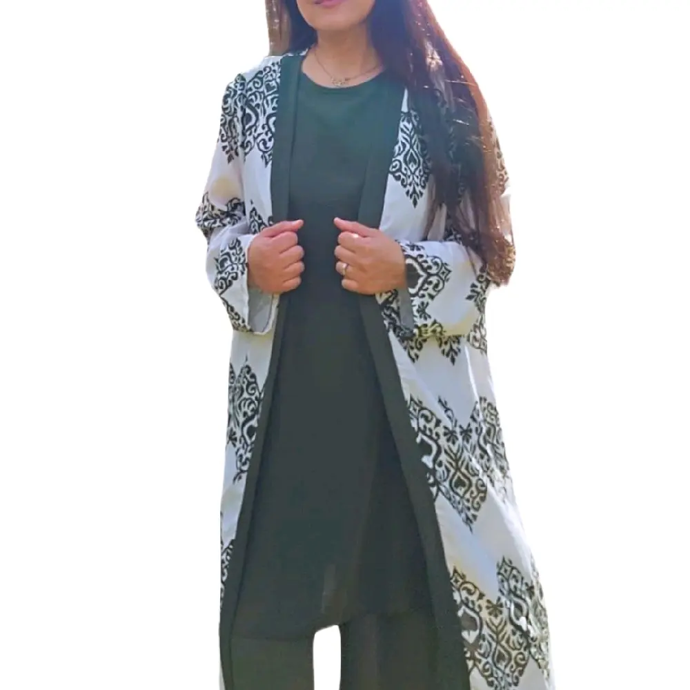 Leena Stylish Three Piece Co-Ord Set with Printed Long Jacket, Sleeveless Top and Wide Leg Trousers, Modest Modern Outfit