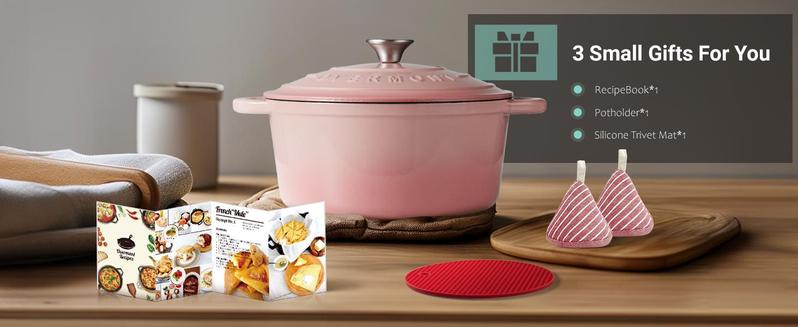 Product Introduction of Enamelled Cast Iron Round Casserole Pot With Lid Cookbook & Cotton Potholders - Non-stick Dutch Oven Cookware for Braising, Stews, Roasting, Bread Baking 2