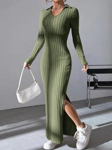 Women's Plain Collar Split Bodycon Dress, Elegant Casual Long Sleeve Ribbed Dress for Spring, Dresses for Women, Wedding Guest Dresses, Women's Clothing for Daily Wear Tall Clothing Women