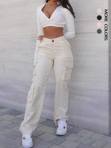 Women's Plain Flap Pocket Cargo Pants, Street Fashion Minimalist Casual Button Fit Trousers for Daily Wear, Ladies Bottoms for Fall & Winter, Womenswear, Loose Baggy Pants