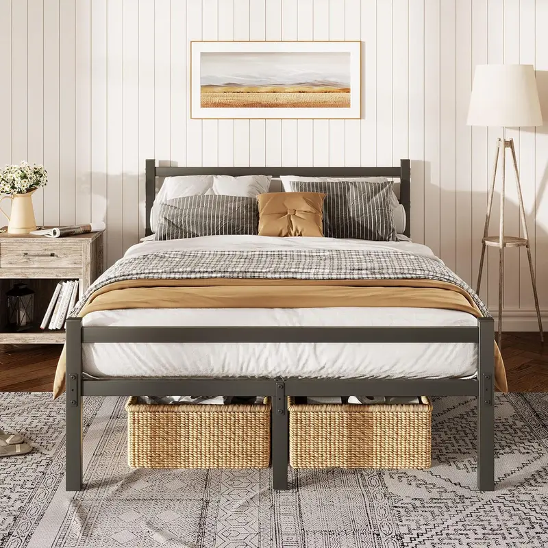 4ft6 Double Bed Frame with Headboard, Black Metal Bed Frame with Storage, Double Bed for Adults, Heavy Duty Platform Bed Frame, No Box Spring Needed 5