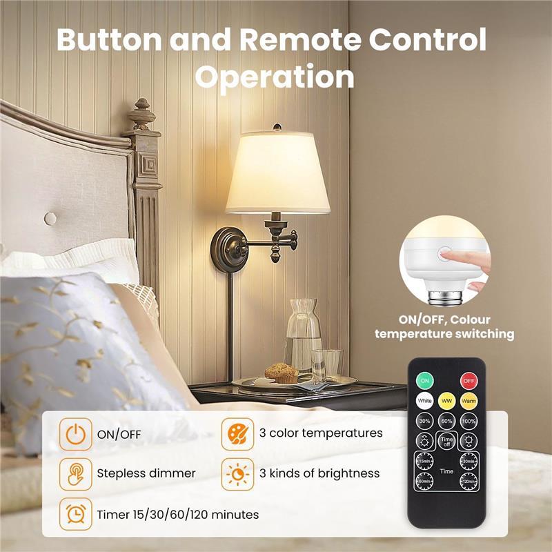 USB Rechargeable Light Bulb with Remote Control Timer and 3 Color Temperatures, 5W Dimmable Battery Powered LED Bulb 3