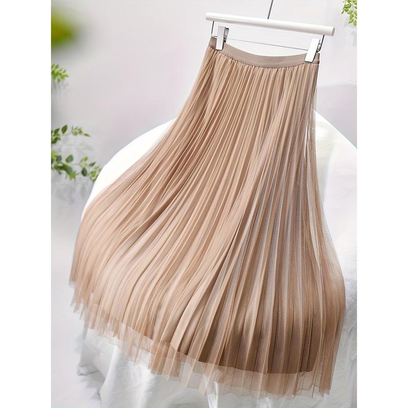 Polly Pocket Skirt Women'S Chic A-Line Pleated Skirt, 100% Polyester Knit Fabric, Solid Color, Elastic Waist, All-Season, Breathable Mesh Lining, 24g/m² - Elegant Midi Skirt 0