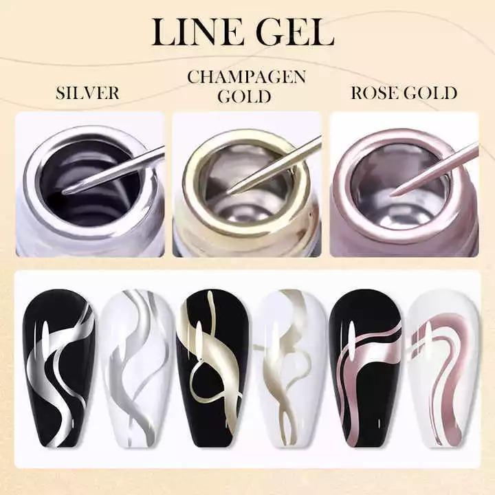 Metallic Nail Liner Gel Polish with Chrome Mirror Effect, Gold, Silver and Rose for UV/LED 8