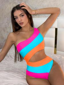Women's One-shoulder One-piece Swimsuit Colorblock Hollow Swimsuit, Neon Color Summer Beach, Modest Fashion Swimsuit, Neon Bathing Suit, One Shoulder Swimsuits