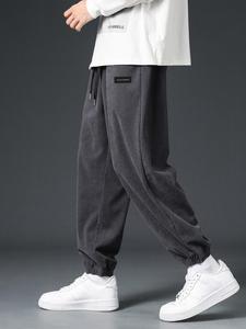 Men's Solid Color Patched Drawstring Waist Corduroy Pants, Loose Casual Comfy Pocket Elastic Waist Jogger Pants for Fall & Winter, Men's Trousers for Daily Wear